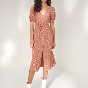 Aritzia Wilfred Libretto Dress, M, pink brown polka dot button front midi